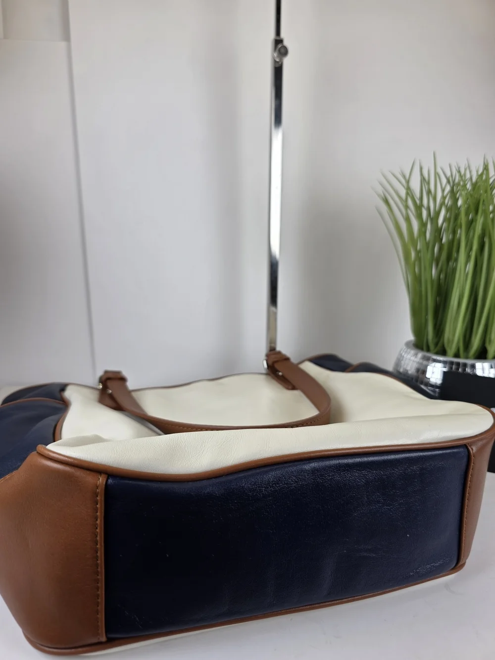 Coach Park Y2K Colorblock White & Navy Leather Tote with Brown Trim Shoulder Bag